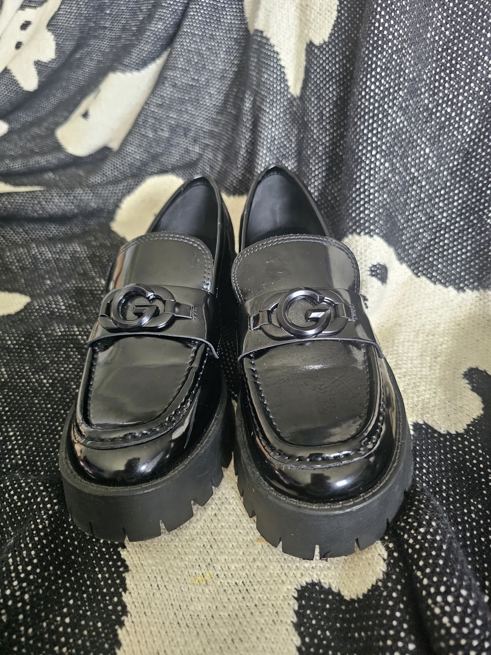 GBG Los Angeles Black Patent Lug Sole Loafers with Logo Detail